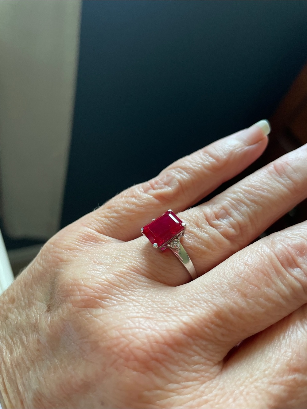 Sterling Silver Ring with Deep Red Emerald-Cut Stone